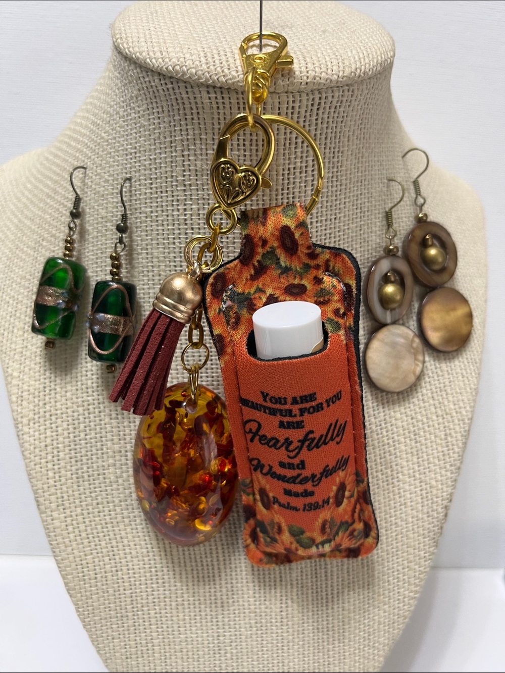 Gift Set 4pc. Bible Scripture Lip Balm Carrier Keychain with Matching Earrings
